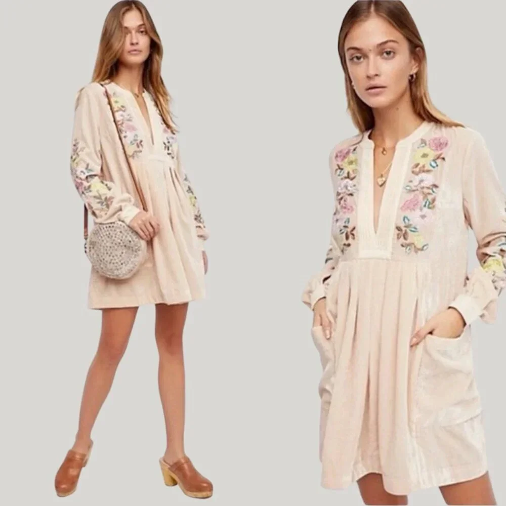 Free People Mia Embroidered Velvet Mini Dress in Beige — Size XS (Oversized Fit)